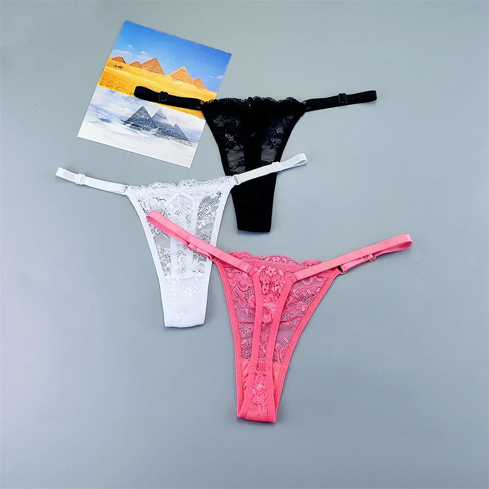3PCS Einstellbare Sexy Transparent Tanga Höschen Frauen Spitze Unterwäsche Niedrige Taille Weibliche T-zurück String Unterhose